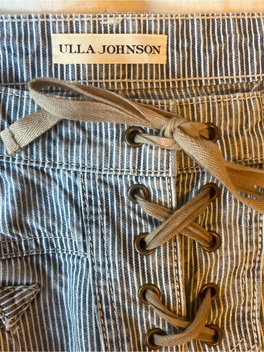 Ulla Johnson Blue & White Striped wide leg Jeans with Tan Lace-Up